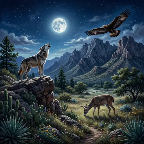 Mexican Wildlife Art Composition: Wolf, Deer, Eagle & Moon