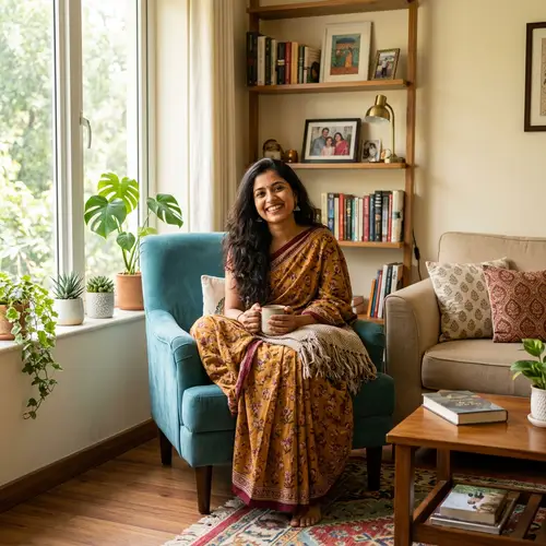 Indian Woman in Cozy Room | Age 24 Sitting Photo AI