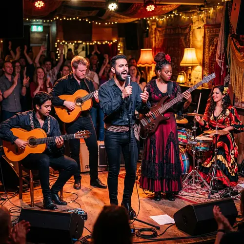 Musical Group Performance with Diverse Members on Stage