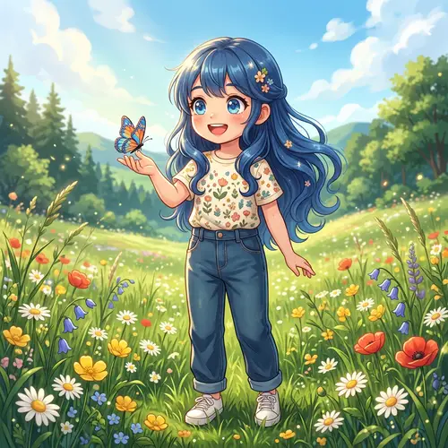 Captivating Anime-Style Girl in Vibrant Blue Hair and Casual Outfit