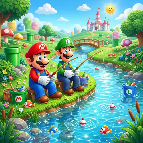 Mario Bros Fishing by the River