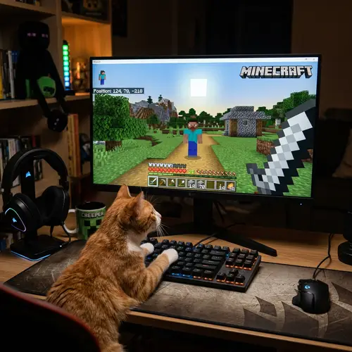 Colorful Cat Playing Minecraft on Computer Screen