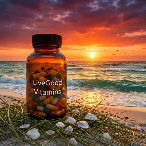 Vibrant LiveGood Vitamins Bottle Against Serene Sunset