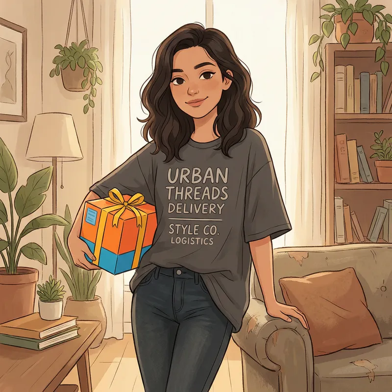 Beautiful Girl in Oversize Fashion T-Shirt with Bright Box Beautiful Girl in Oversize Fashion T-Shirt with Bright Box