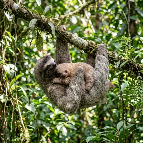 Cute Baby Sloth and Momma Hanging from Tree