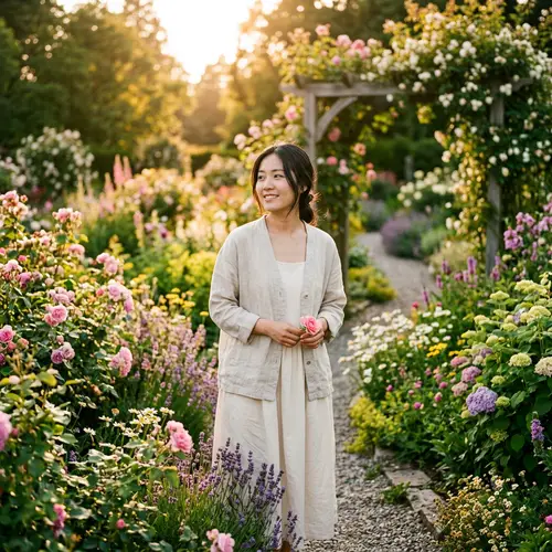 Tranquil Asian Woman in Serene Garden | Blooming Flowers