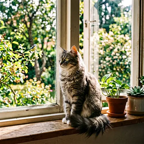 Striped Gray Long-Haired Cat Enjoying Sunny Windowsill