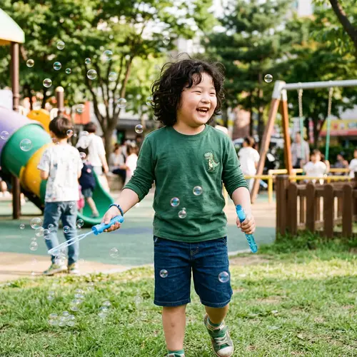 Playful South Korean Boy in Green Shirt