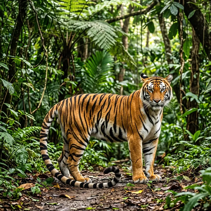Impressive Tiger with Extraordinary Long Tail in Lush Jungle - Wildlife Encounter