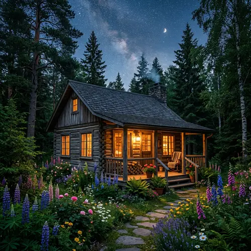 Quaint Wooden Cabin in Lush Forest | Enchanting Twilight Scene