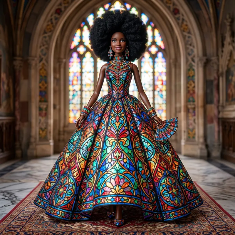 Black Barbie Doll: Afro Ball Gown & Stained Glass Jewelry