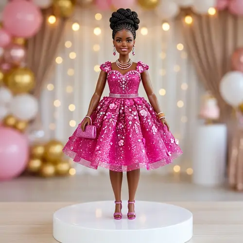 Curvy Black Barbie Doll in Pink Party Dress | African Hairstyle