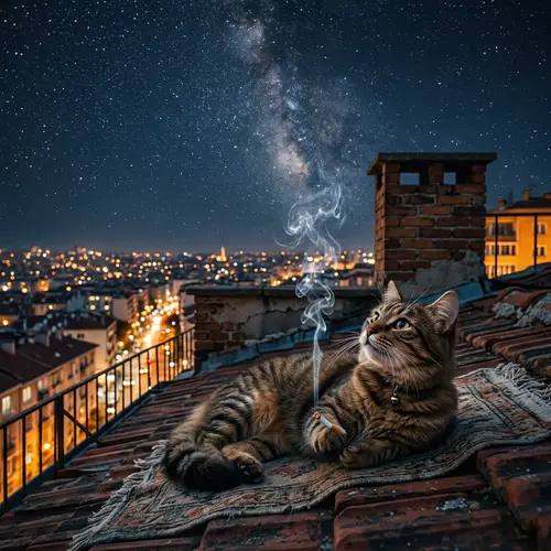 Tranquil Urban Cat Gazing at Silvery Stars | Rooftop Scene