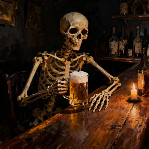Skull Enjoying Beer in Dark Oil Painting Style