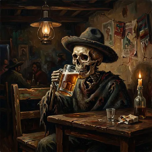 Skull Enjoying Beer in Dark Oil Painting Style