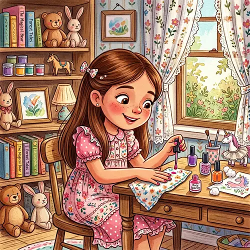 7-Year-Old Hispanic Girl Painting Nails in Whimsical Style