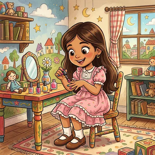 Whimsical Hispanic Girl Painting Nails in Pink Dress