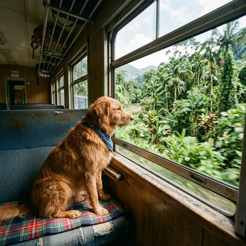 Dog on Train Looking at Jungle View