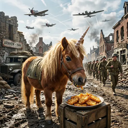 Whimsical Fluffy Brown Unicorn Enjoying Hash Browns in WWII Setting