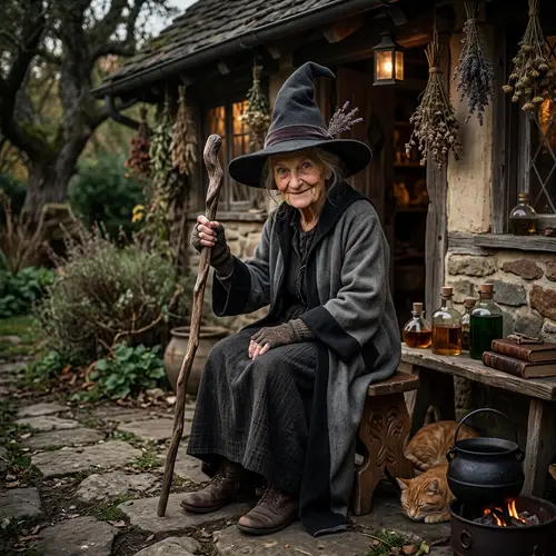Elderly Witch Character Front - Mysterious Scene