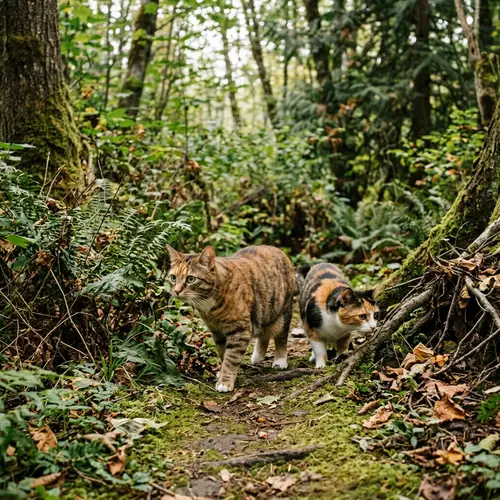 Cat Parents Searching for Kittens in Forest