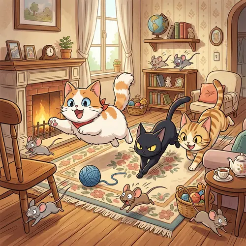 Adorable Anime Cats Chasing Mice in a Vibrant Home Setting