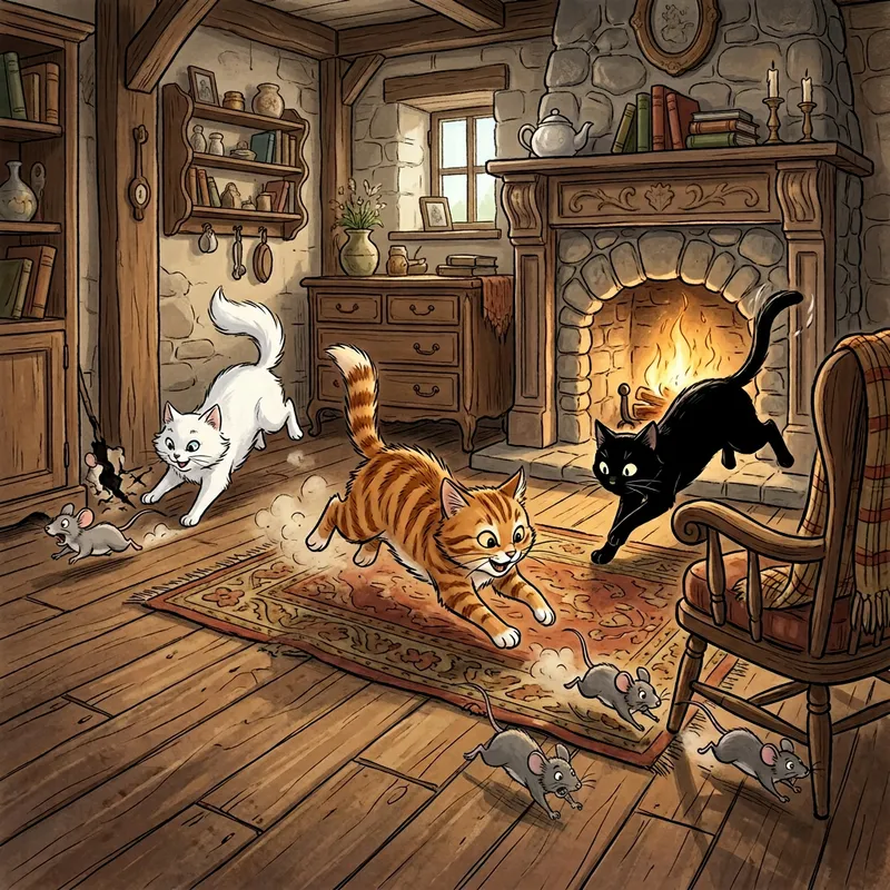 Animated Cats Chasing Mice in a Rustic House