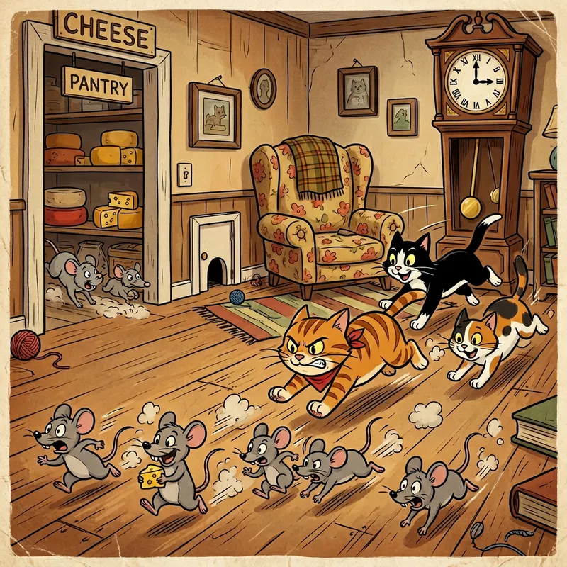Animated Cat Brigade Chasing Mice in a Playful House Scene