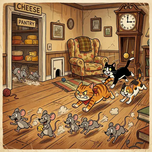 Animated Cat Brigade Chasing Mice in House