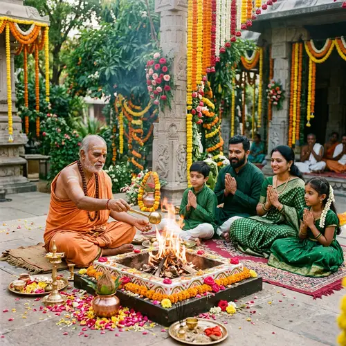 Indian Saint Performing Havan Ritual with Devotee Family in Green Colors