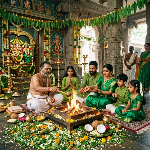 Indian Priest Conducting Colorful Havan Ritual in Temple