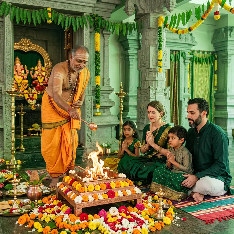 Indian Poojari Performing Hawan in Temple with Devotee Family | Green Colors & Flowers