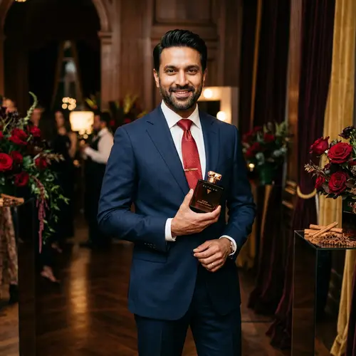 Luxury Men's Perfume Model in Navy Suit | Elegant Fragrance Promotion