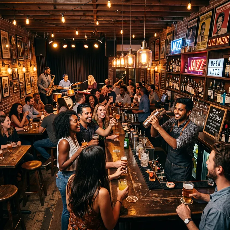 Vibrant and Lively Bar Scene with Diverse Crowd and Jazz Band Vibrant and Lively Bar Scene with Diverse Crowd and Jazz Band