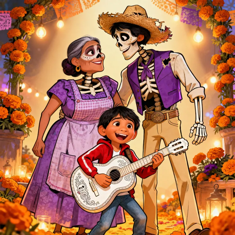 Coco-Inspired Cartoon Art with Imelda, Hector, and Miguel Coco-Inspired Cartoon Art with Imelda, Hector, and Miguel