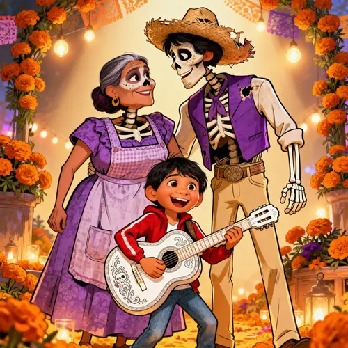 Coco-Inspired Cartoon Art with Imelda, Hector, and Miguel
