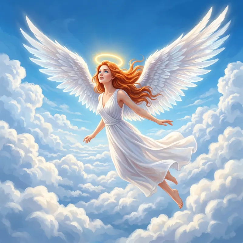 Majestic Redheaded Angel Flying Above Clouds Majestic Redheaded Angel Flying Above Clouds