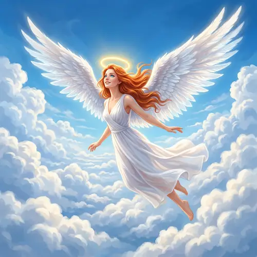 Majestic Redheaded Angel Soaring in White Clouds