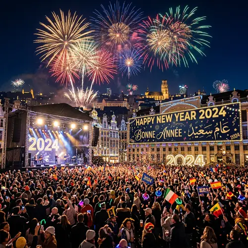 2024 New Year Celebration with Vibrant Decorations and Colorful Fireworks