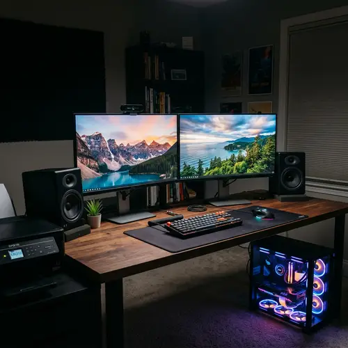 27-Inch Dual Monitor Setup with Speaker and Webcam