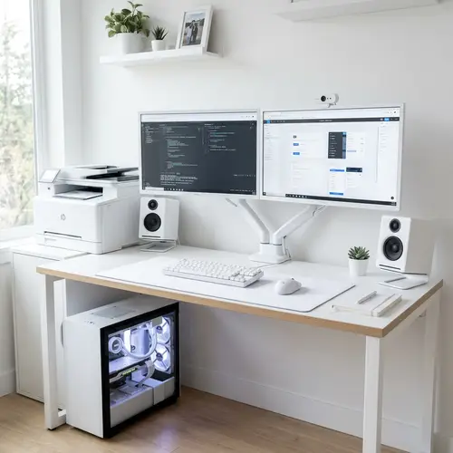 27-Inch Dual Monitor Setup with Speaker and Webcam