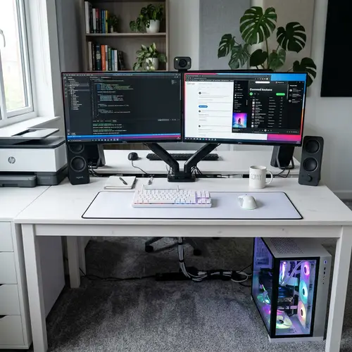 27-Inch Dual Monitor Setup on White Desk | Gaming PC & Accessories