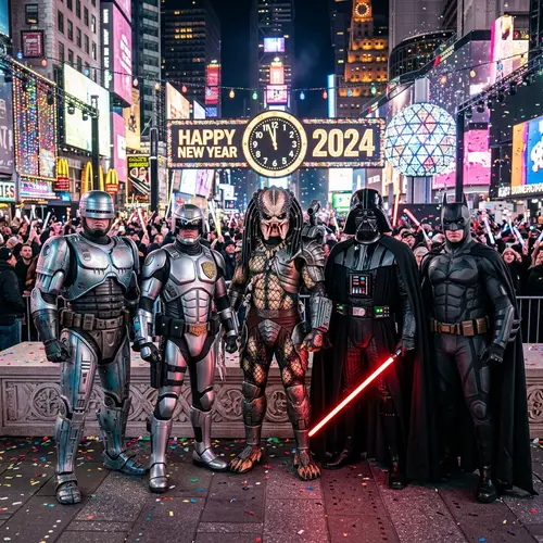 Festive Urban Scene with Five Unique Figures