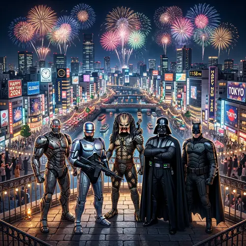 Futuristic New Year City Celebration with Diverse Characters