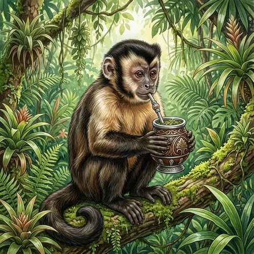 Curious Monkey Sipping Mate from Gourd Cup in the Wild