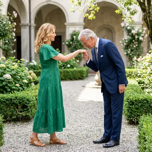 Elegant Greeting: Woman in Green Dress & Stylish Sandals