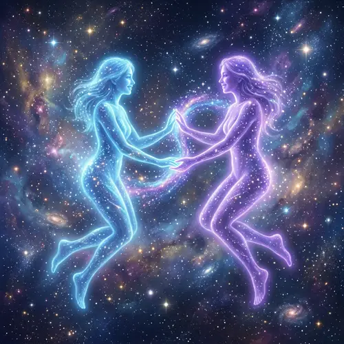 Best Friends as Souls: Serene Glowy Figures in Endless Space