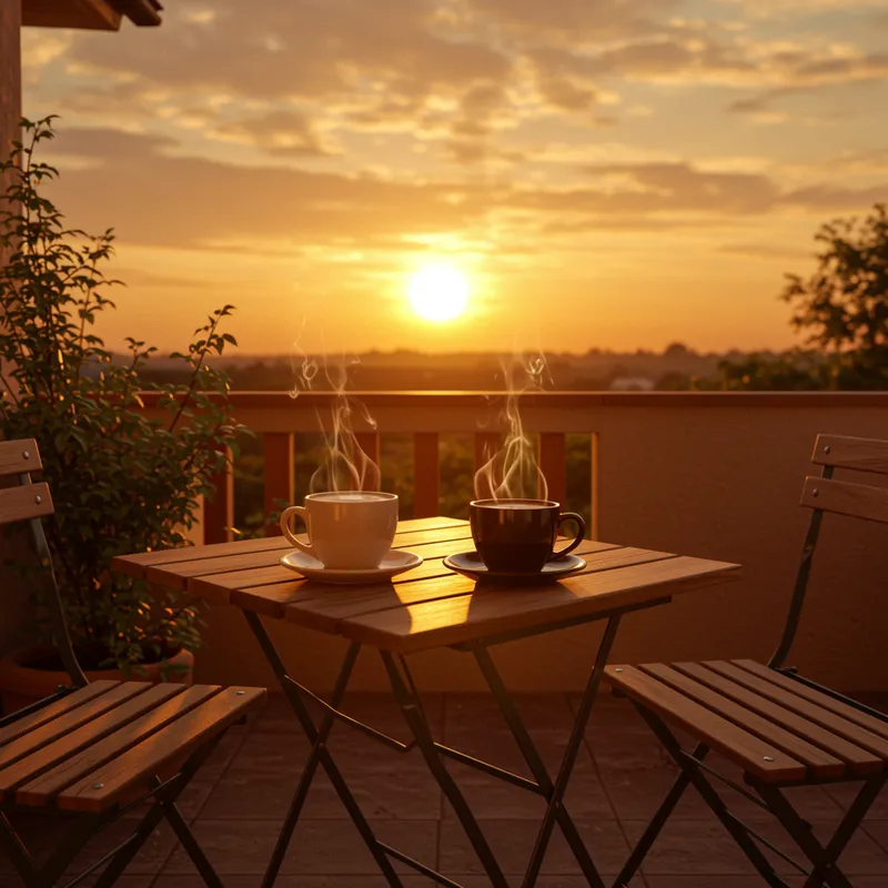 Cozy Sunset Coffee on a Wooden Patio
