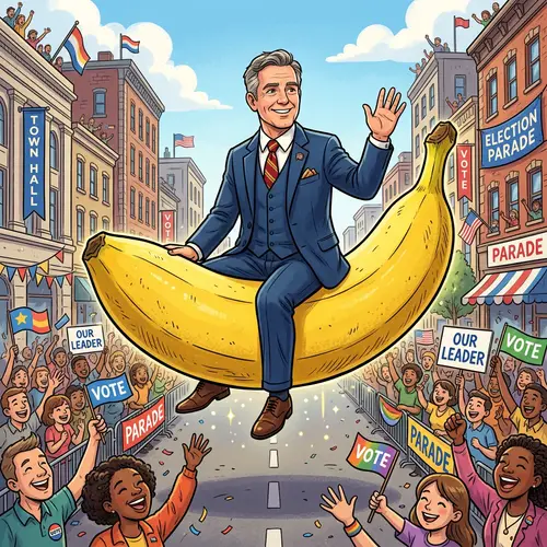 Cartoon Politician Riding Banana - Pedro Sánchez