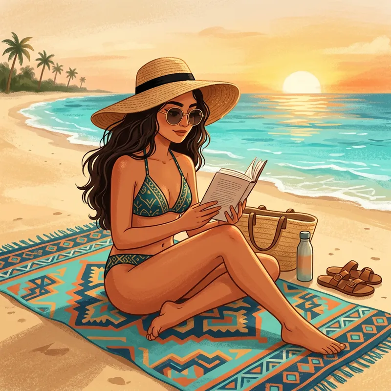 Beautiful Middle-Eastern Woman in Bikini Enjoying Sunset on Sandy Beach